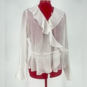 Chadwick’s White Sheer Flowy Ruffled Long Sleeve Crinkle Coquette Wrap Blouse